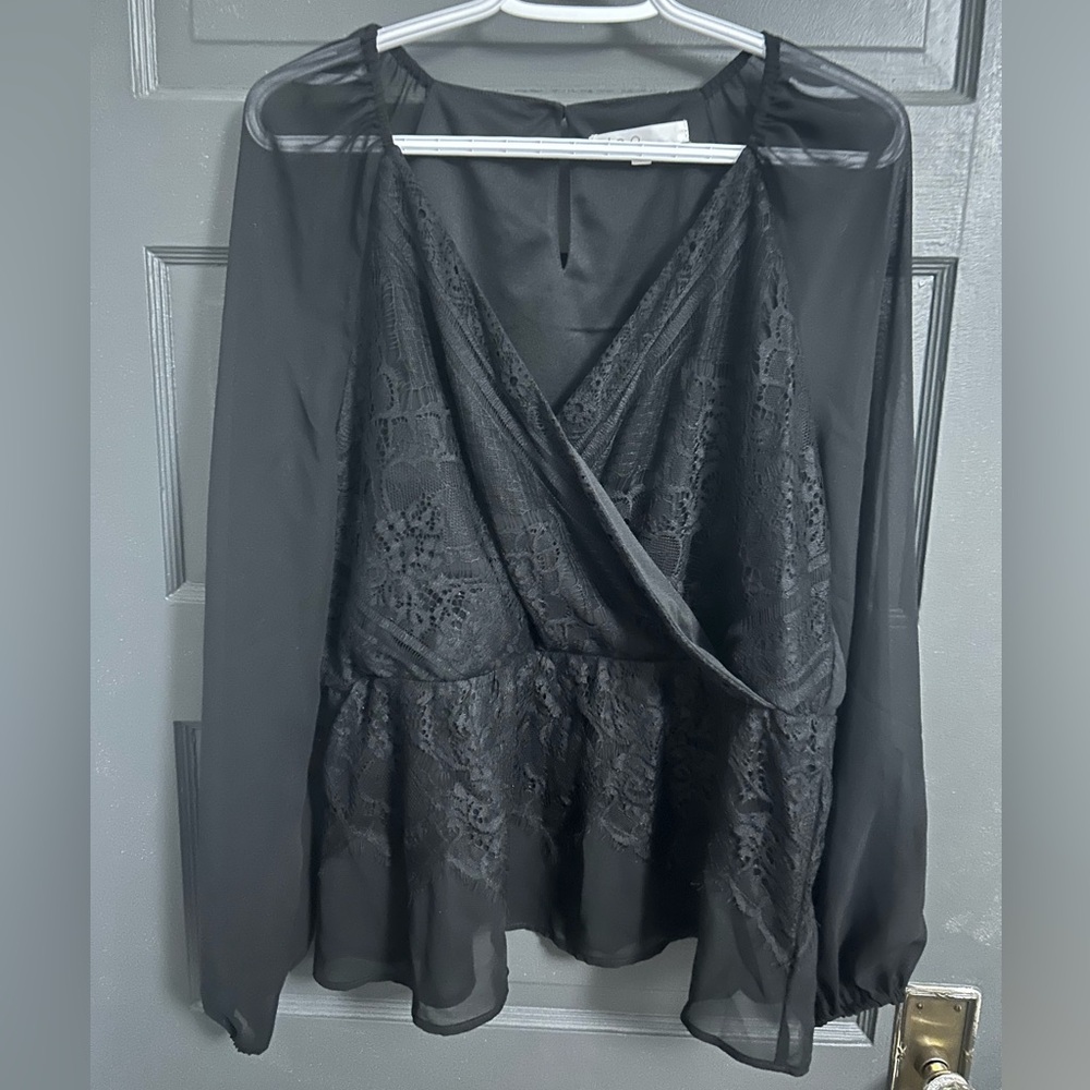 Cleo lace wrap top with sheer sleeves